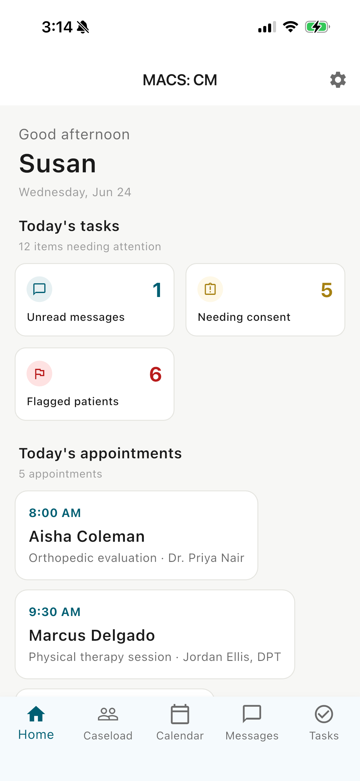 MACS case manager mobile app home screen