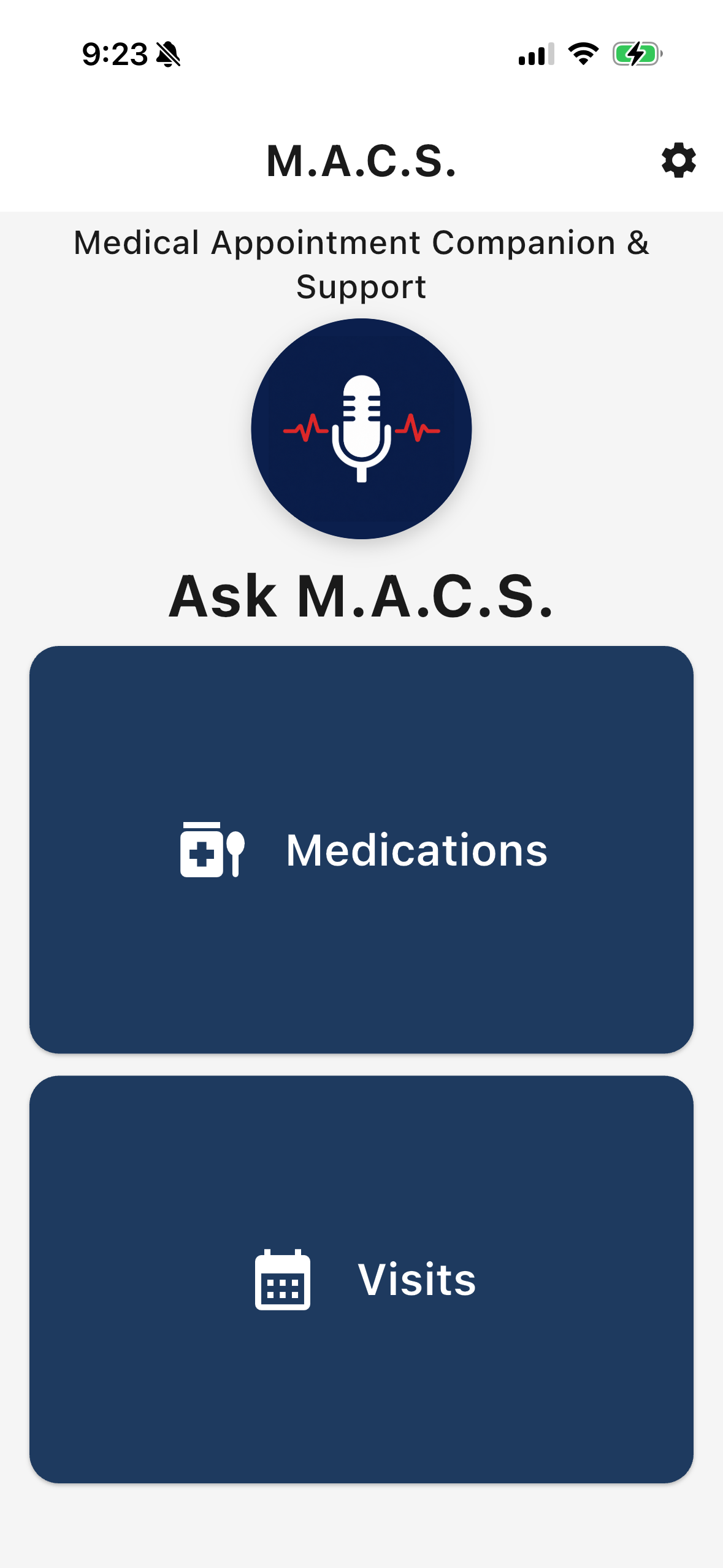 MACS Consumer home screen — voice-first health companion showing the day's visits and a record button