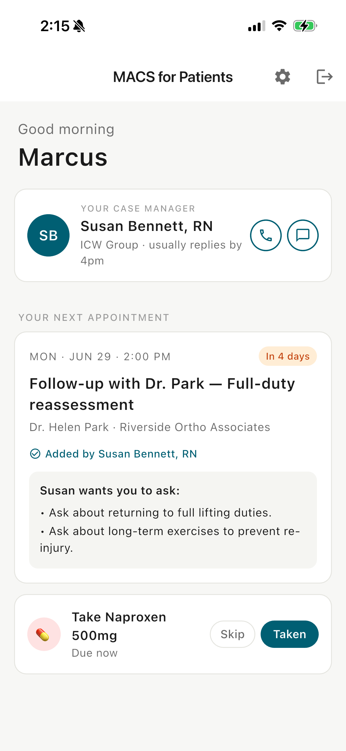 MACS patient (injured worker) mobile app home screen